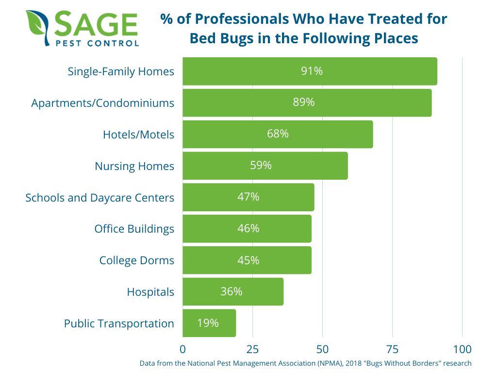 graph showing number of professionals who have treated for bed bugs in public and private locations